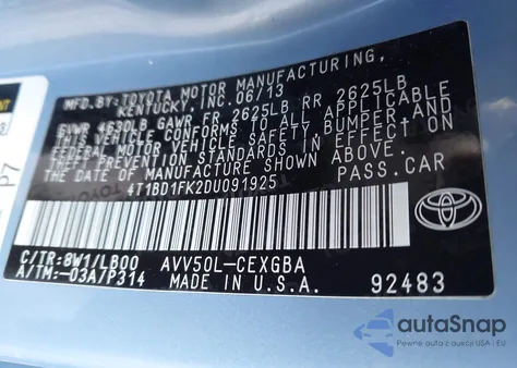 2013 Toyota Camry Hybrid Xle from USA, damaged, VIN 4T1BD1FK2DU091925